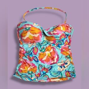La Blanca Bandeau Tankini Swim Top Sz 16 Detachable Halter Strap Ruched Floral